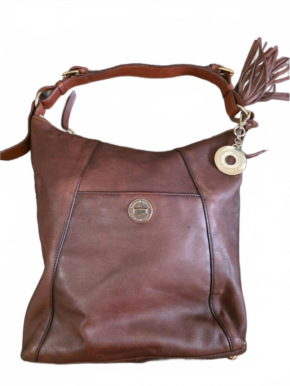 Beautiful Isaac Mizrahi Bridgehampton Brown Leather Hobo, Bag with Tassel Charm